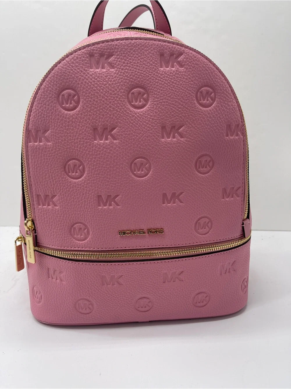 Michael Kors Rhea Medium Zip MK Logo Debossed Backpack Carnation NWT